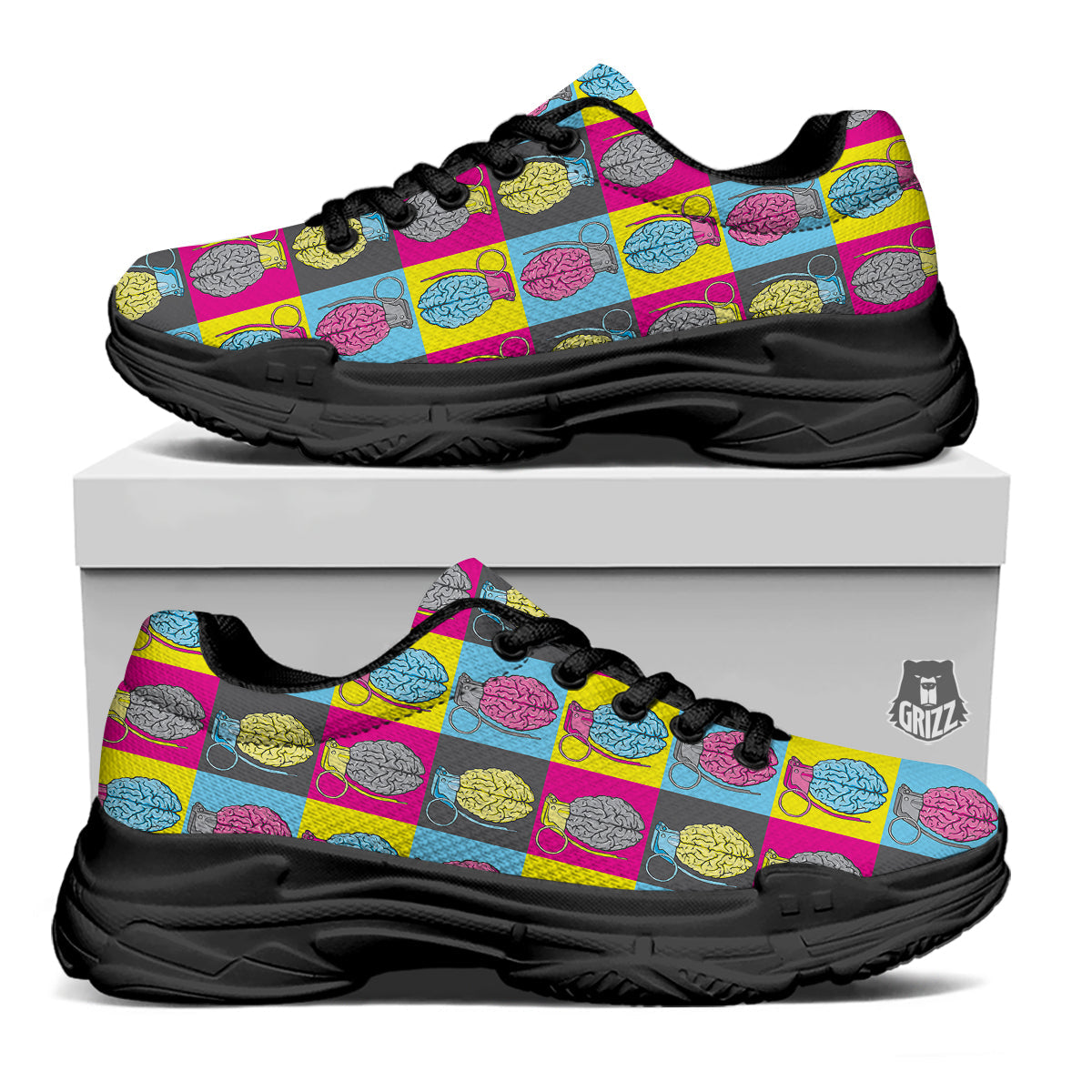 Brain Bomb Colorful Print Pattern Black Chunky Shoes-grizzshop