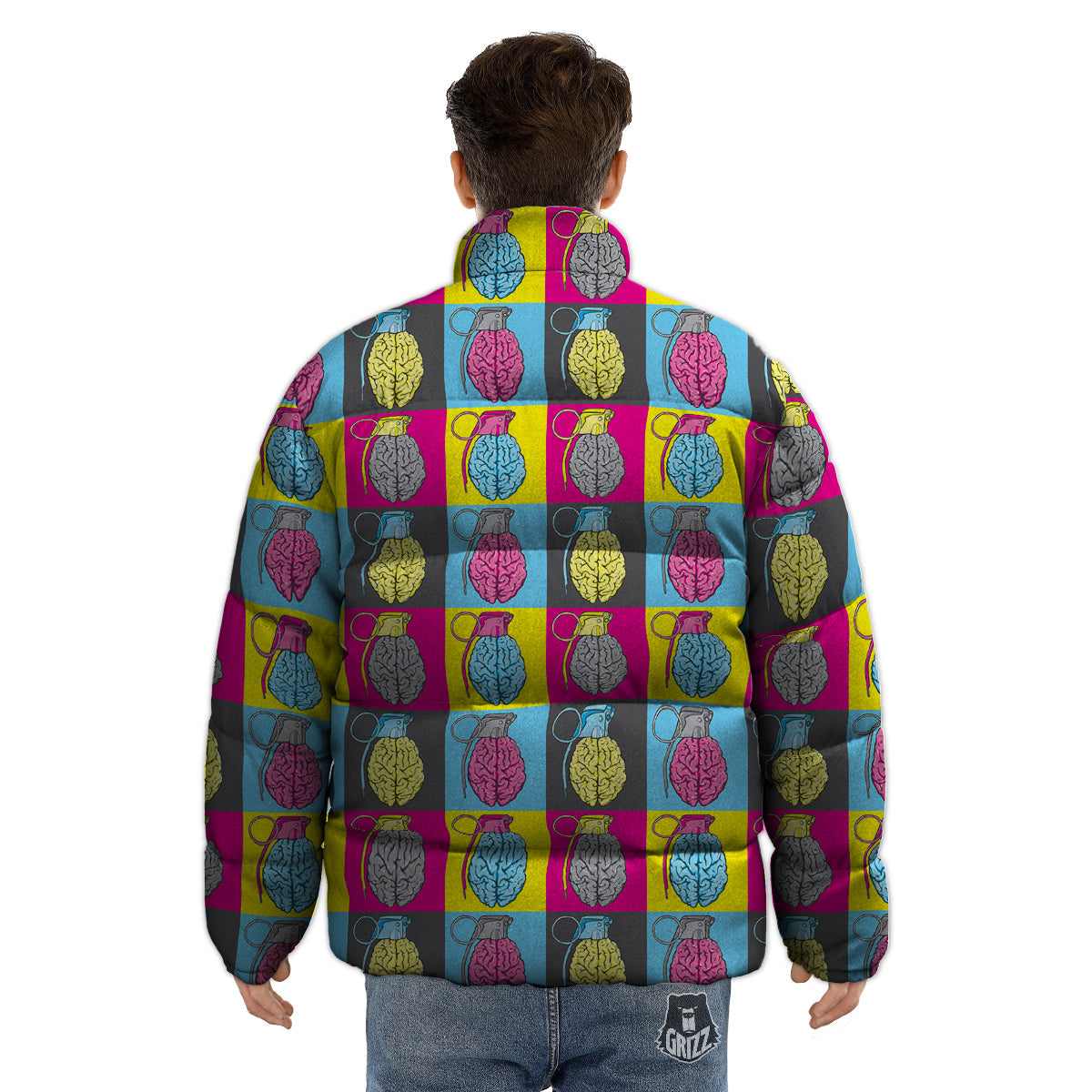 Brain Bomb Colorful Print Pattern Puffer Jacket-grizzshop