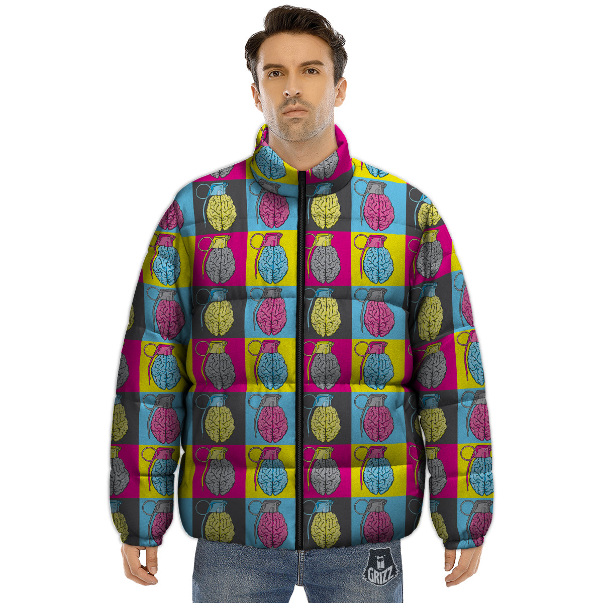 Brain Bomb Colorful Print Pattern Puffer Jacket-grizzshop