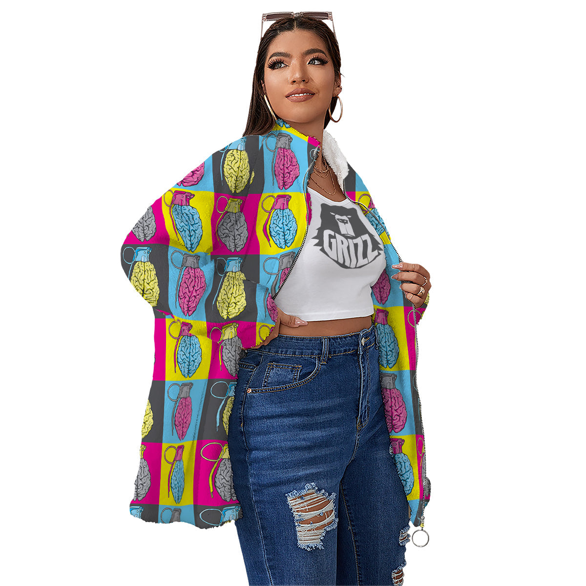 Brain Bomb Colorful Print Pattern Women's Sherpa Jacket-grizzshop