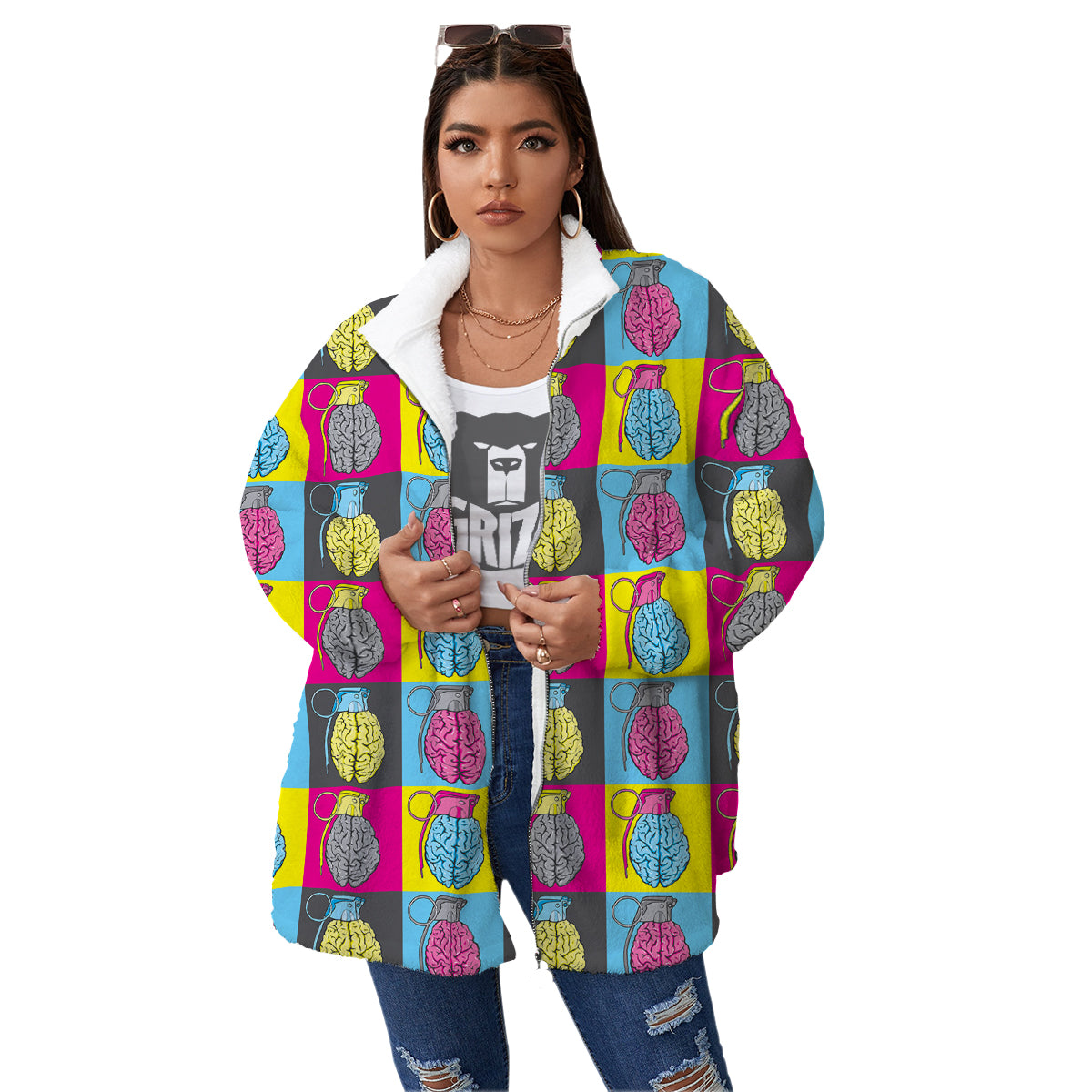 Brain Bomb Colorful Print Pattern Women's Sherpa Jacket-grizzshop