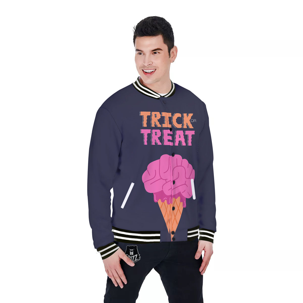 Brain Halloween Print Baseball Jacket-grizzshop