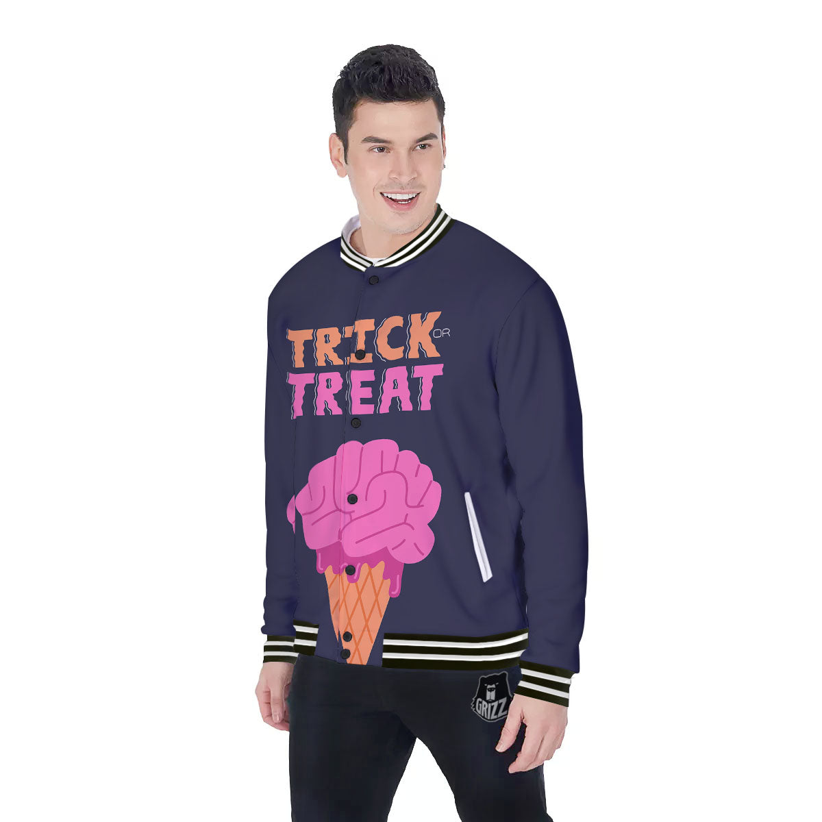 Brain Halloween Print Baseball Jacket-grizzshop