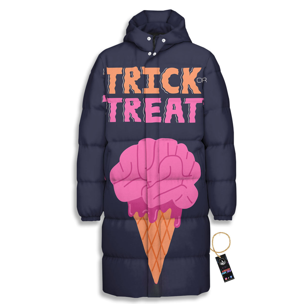 Brain Halloween Print Long Down Jacket-grizzshop