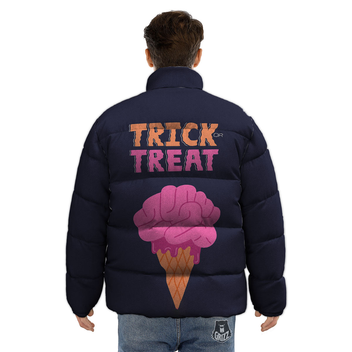 Brain Halloween Print Puffer Jacket-grizzshop