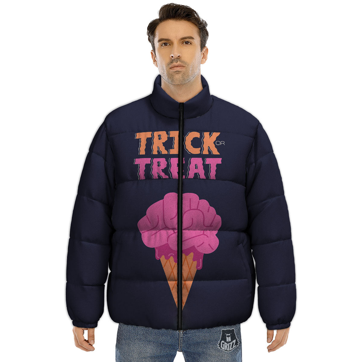 Brain Halloween Print Puffer Jacket-grizzshop