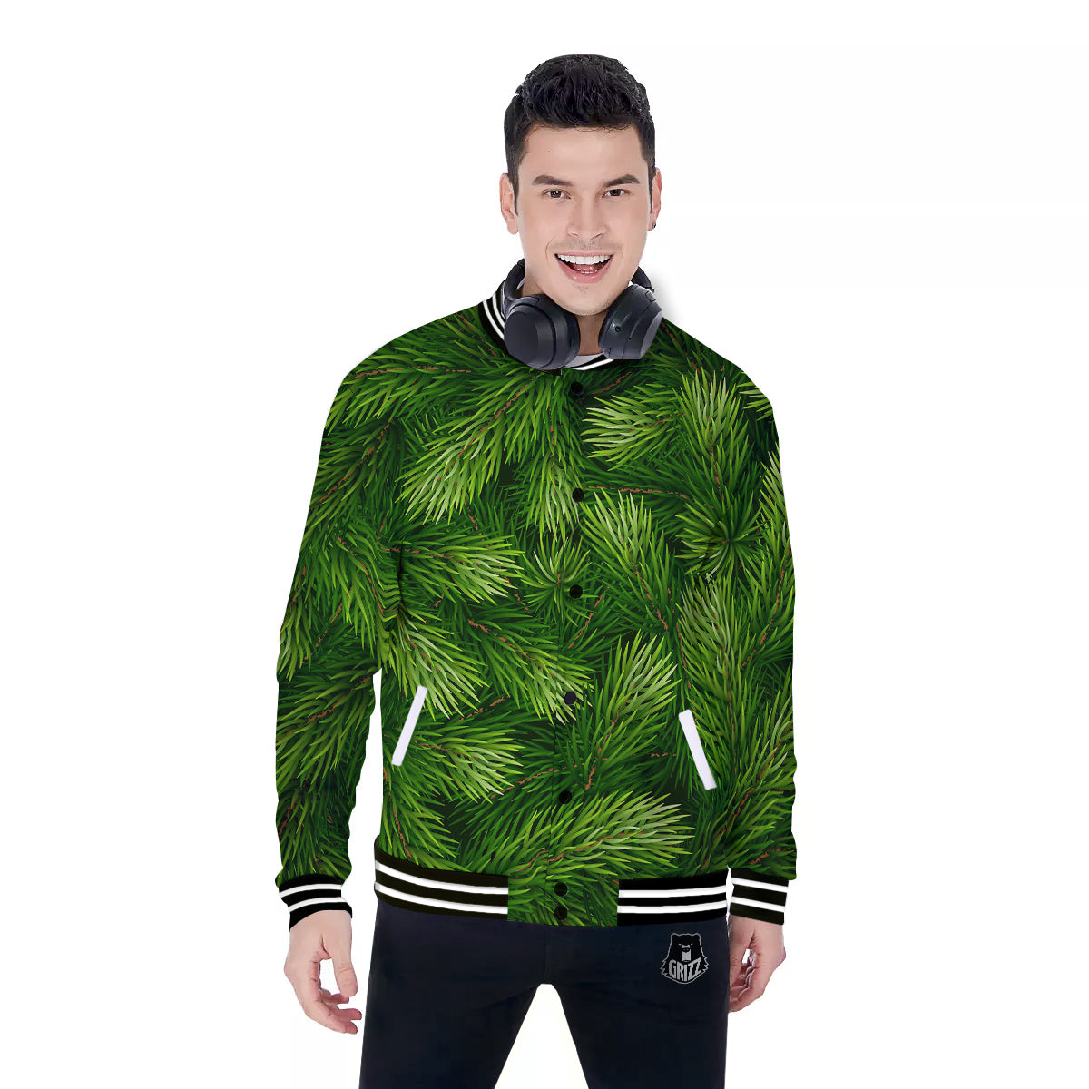 Branches Christmas Tree Print Baseball Jacket-grizzshop