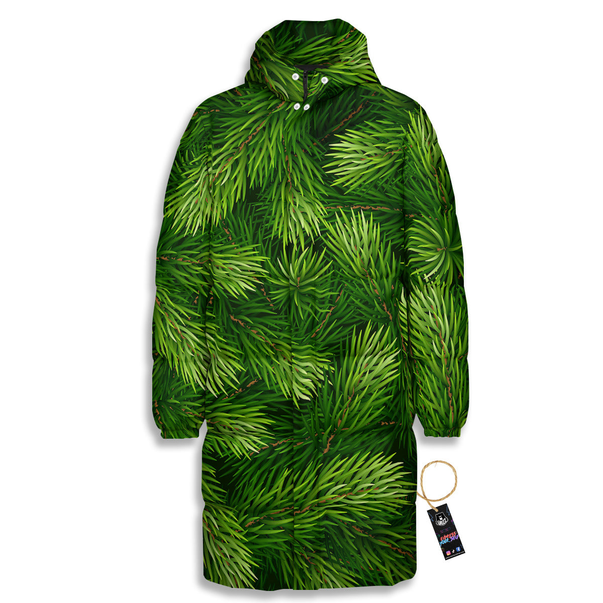 Branches Christmas Tree Print Long Down Jacket-grizzshop
