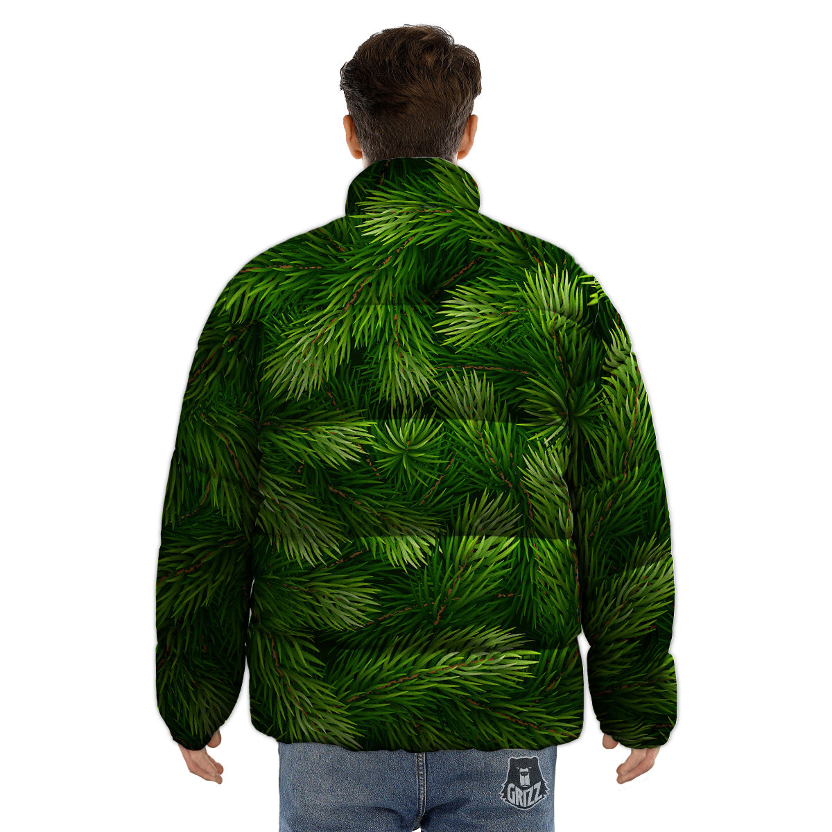 Branches Christmas Tree Print Puffer Jacket-grizzshop