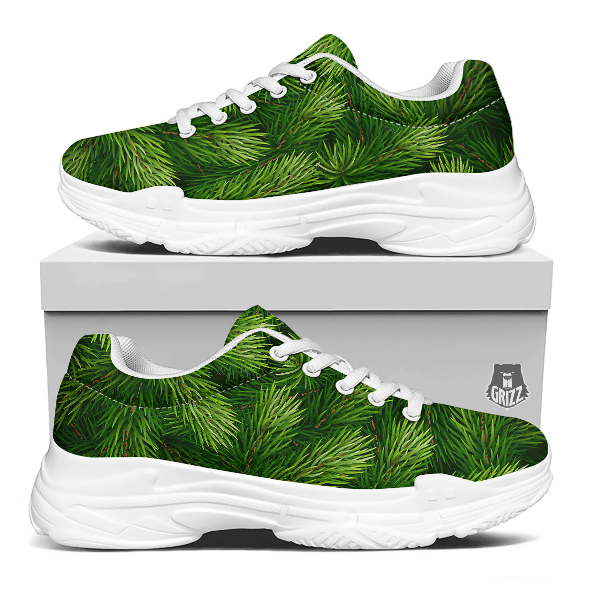 Branches Christmas Tree Print White Chunky Shoes-grizzshop