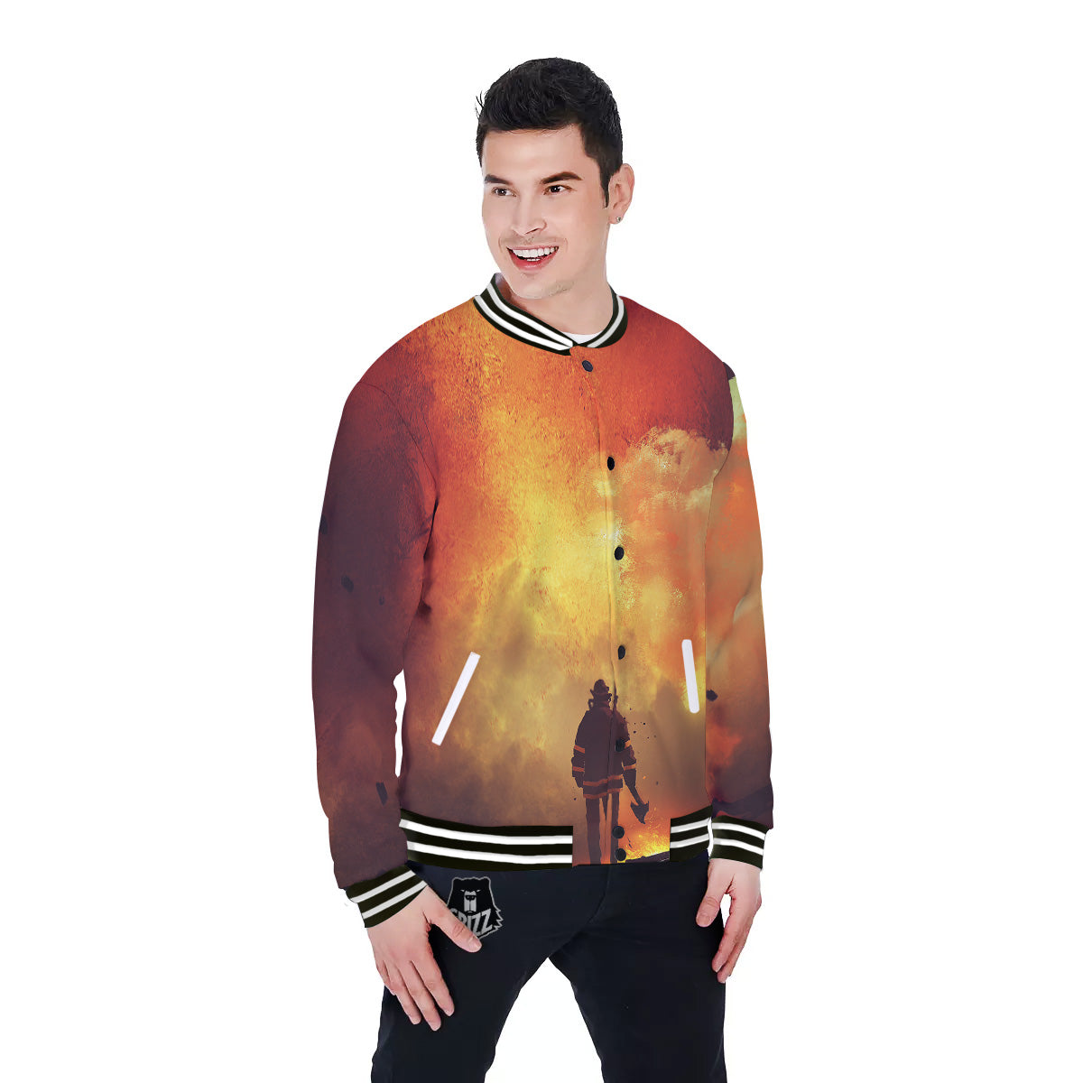 Brave Firefighter In The Fire Print Baseball Jacket-grizzshop