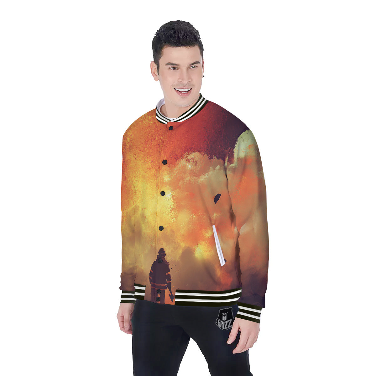 Brave Firefighter In The Fire Print Baseball Jacket-grizzshop
