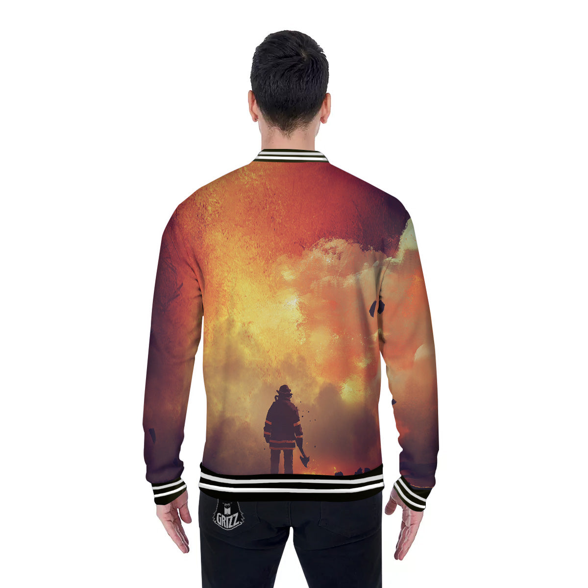 Brave Firefighter In The Fire Print Baseball Jacket-grizzshop