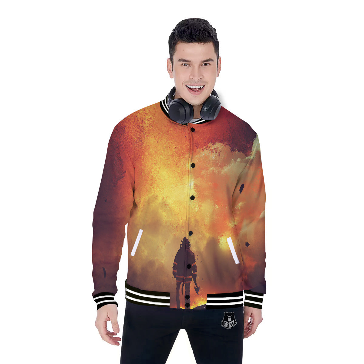 Brave Firefighter In The Fire Print Baseball Jacket-grizzshop