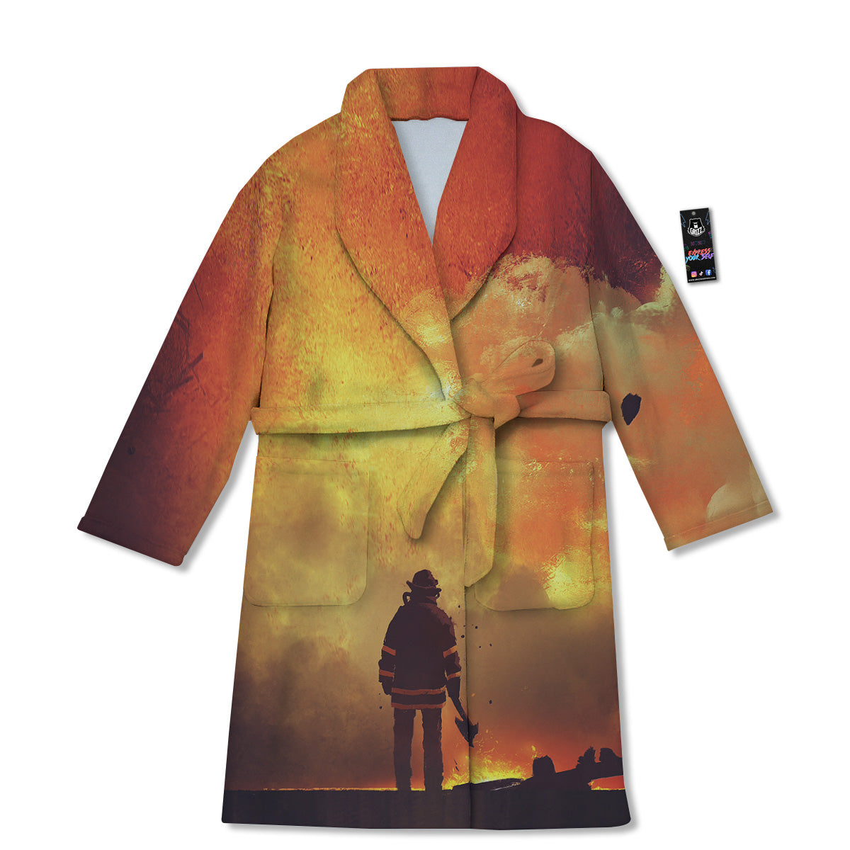 Brave Firefighter In The Fire Print Bathrobe-grizzshop