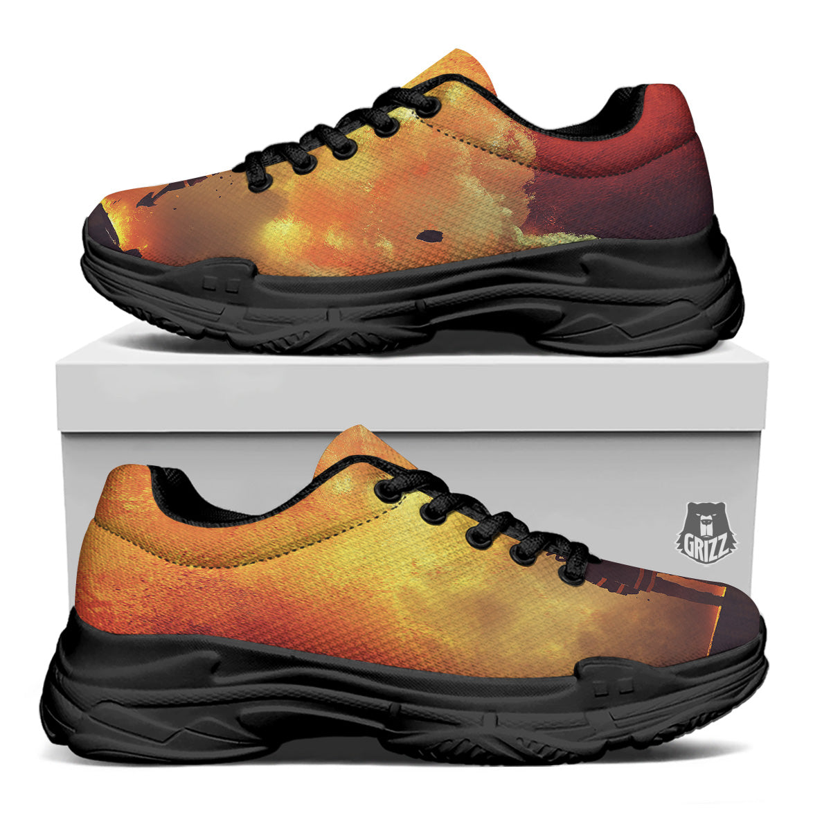 Brave Firefighter In The Fire Print Black Chunky Shoes-grizzshop