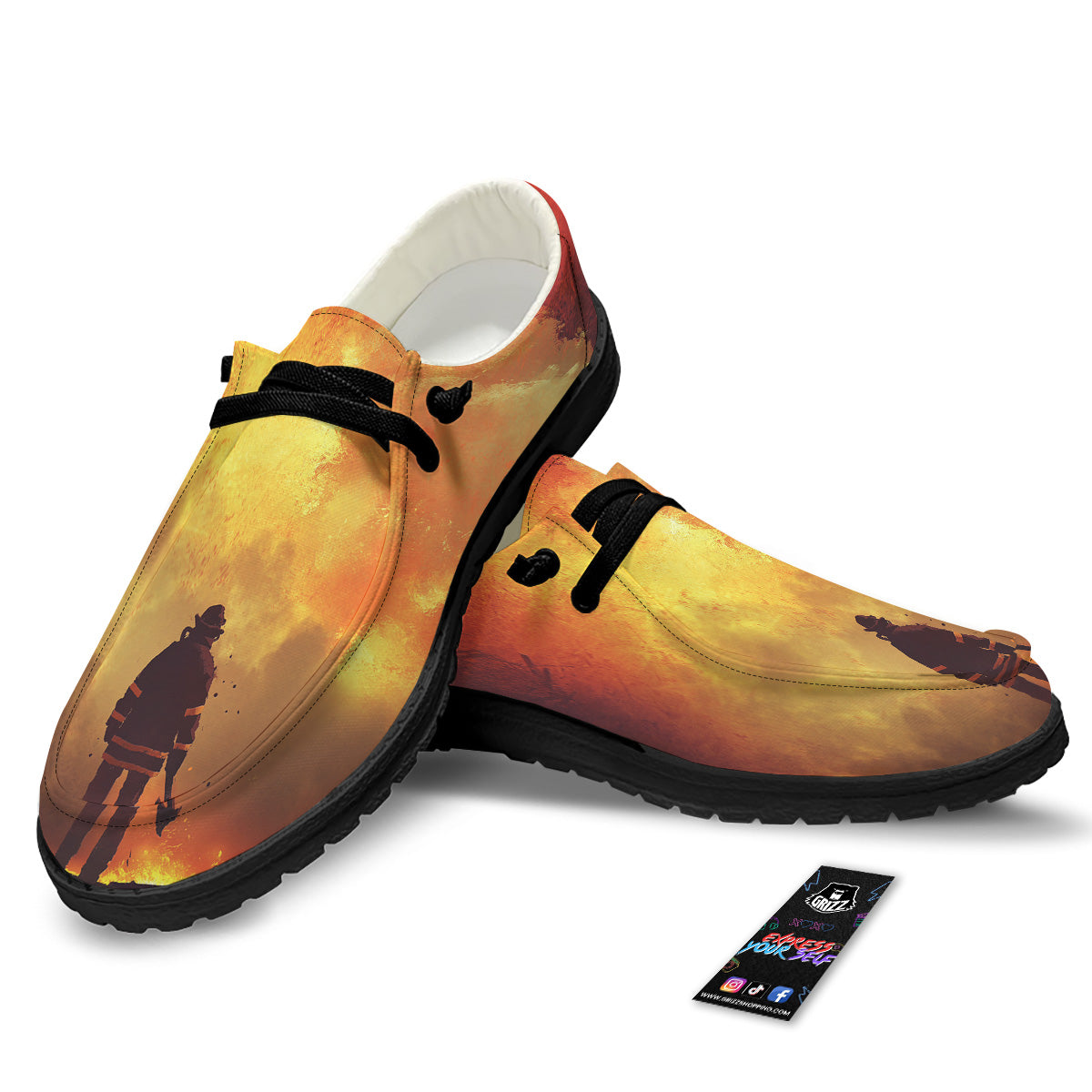 Brave Firefighter In The Fire Print Black Loafers-grizzshop