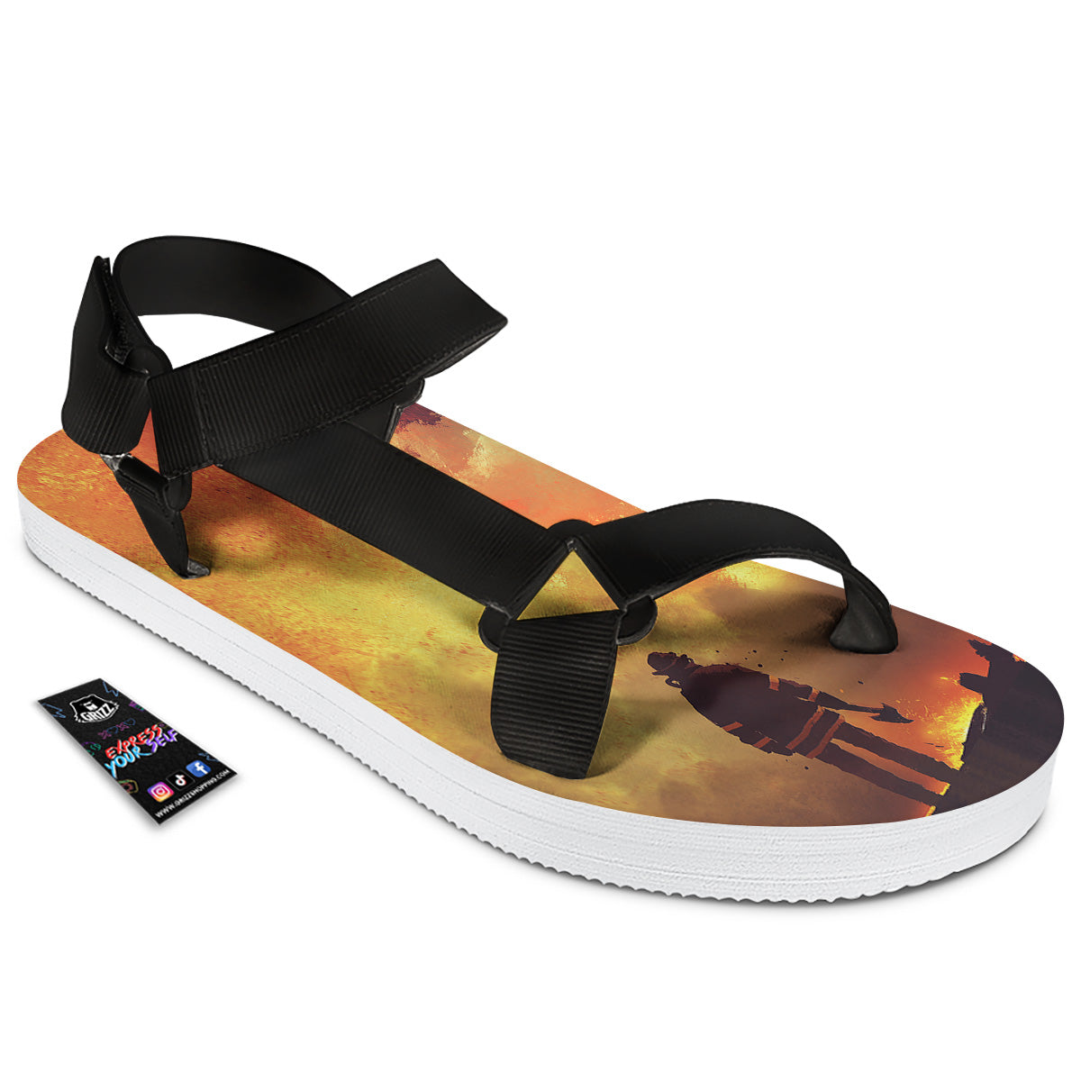 Brave Firefighter In The Fire Print Black Open Toe Sandals-grizzshop