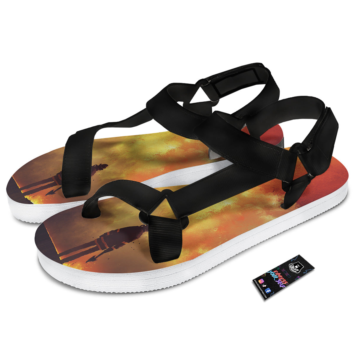 Brave Firefighter In The Fire Print Black Open Toe Sandals-grizzshop