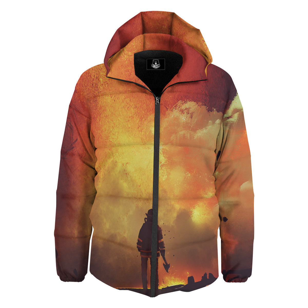 Brave Firefighter In The Fire Print Down Jacket-grizzshop