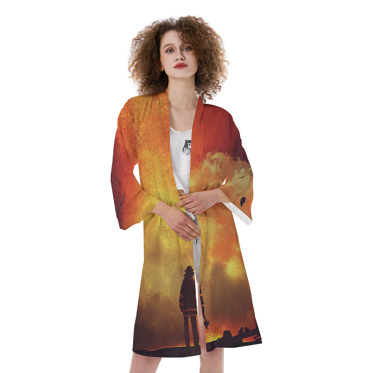 Brave Firefighter In The Fire Print Kimono-grizzshop