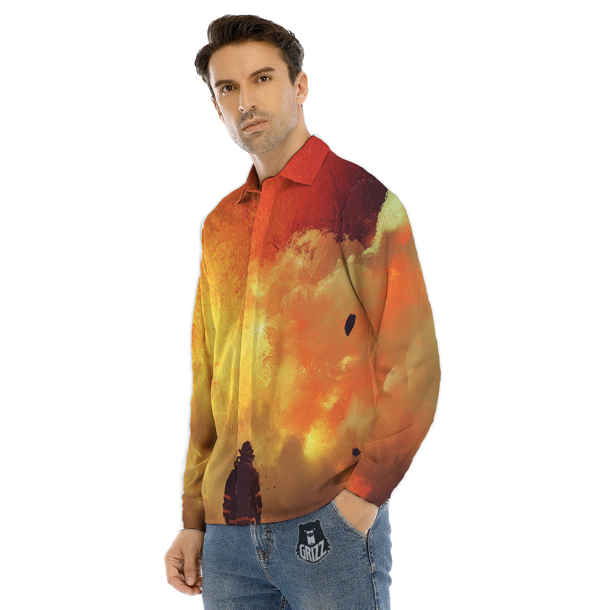 Brave Firefighter In The Fire Print Men's Dress Shirts-grizzshop