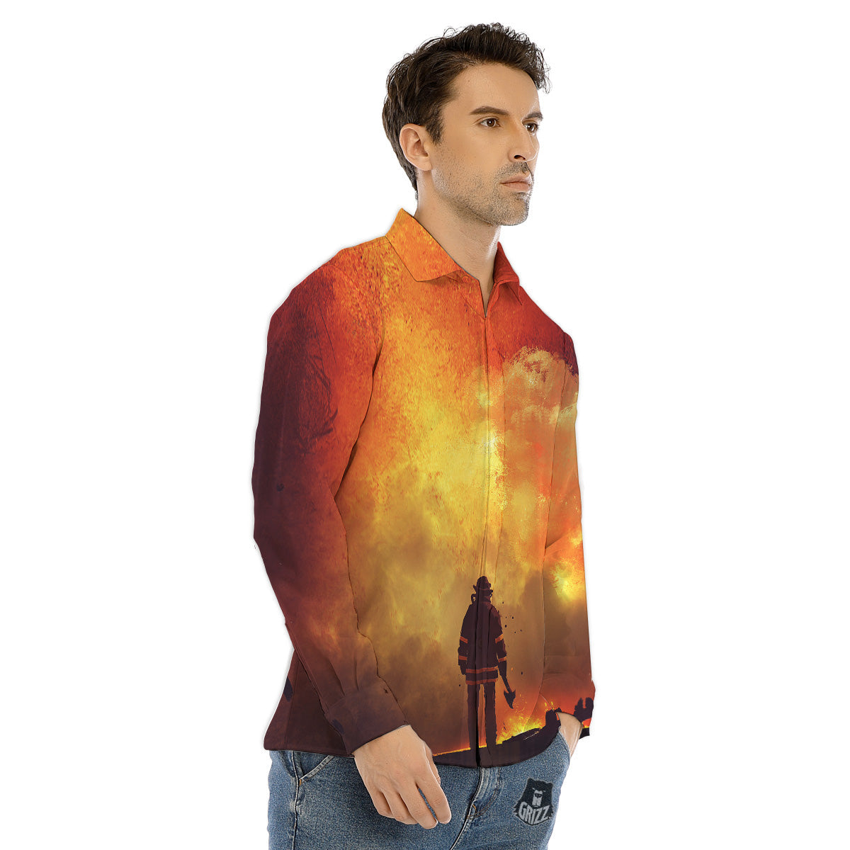 Brave Firefighter In The Fire Print Men's Dress Shirts-grizzshop