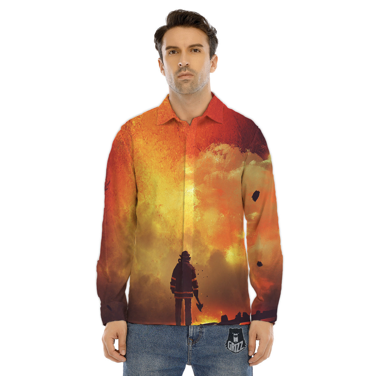 Brave Firefighter In The Fire Print Men's Dress Shirts-grizzshop