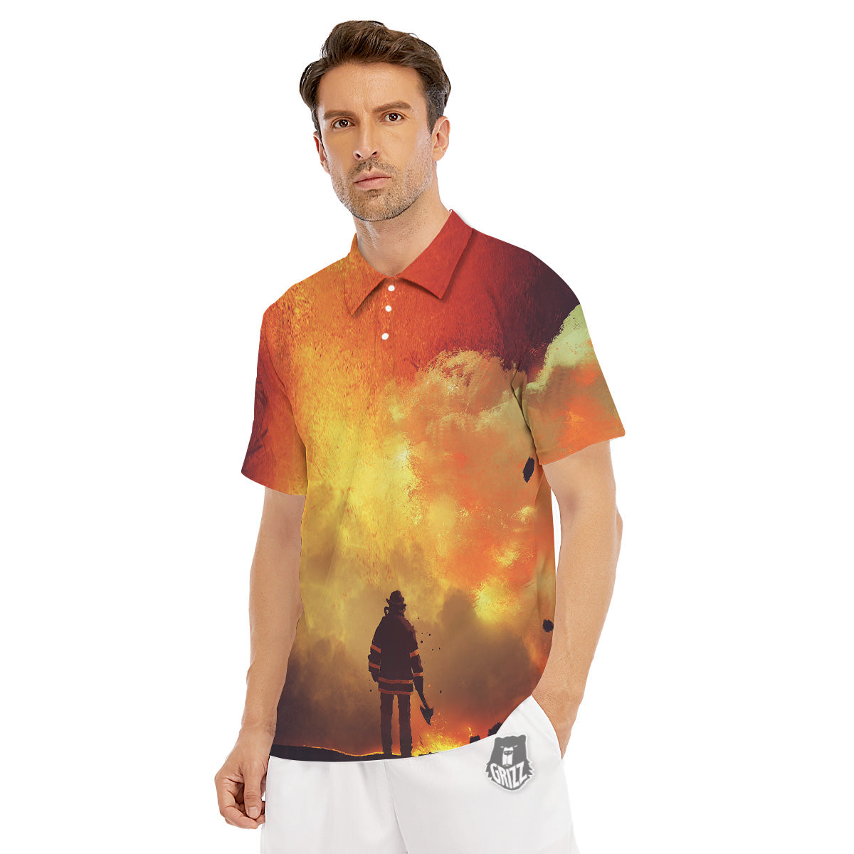 Brave Firefighter In The Fire Print Men's Golf Shirts-grizzshop