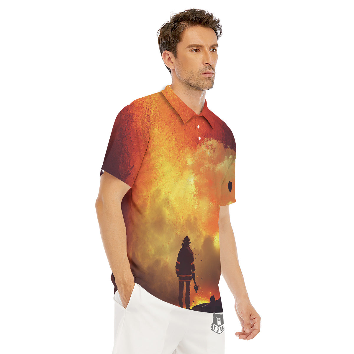 Brave Firefighter In The Fire Print Men's Golf Shirts-grizzshop