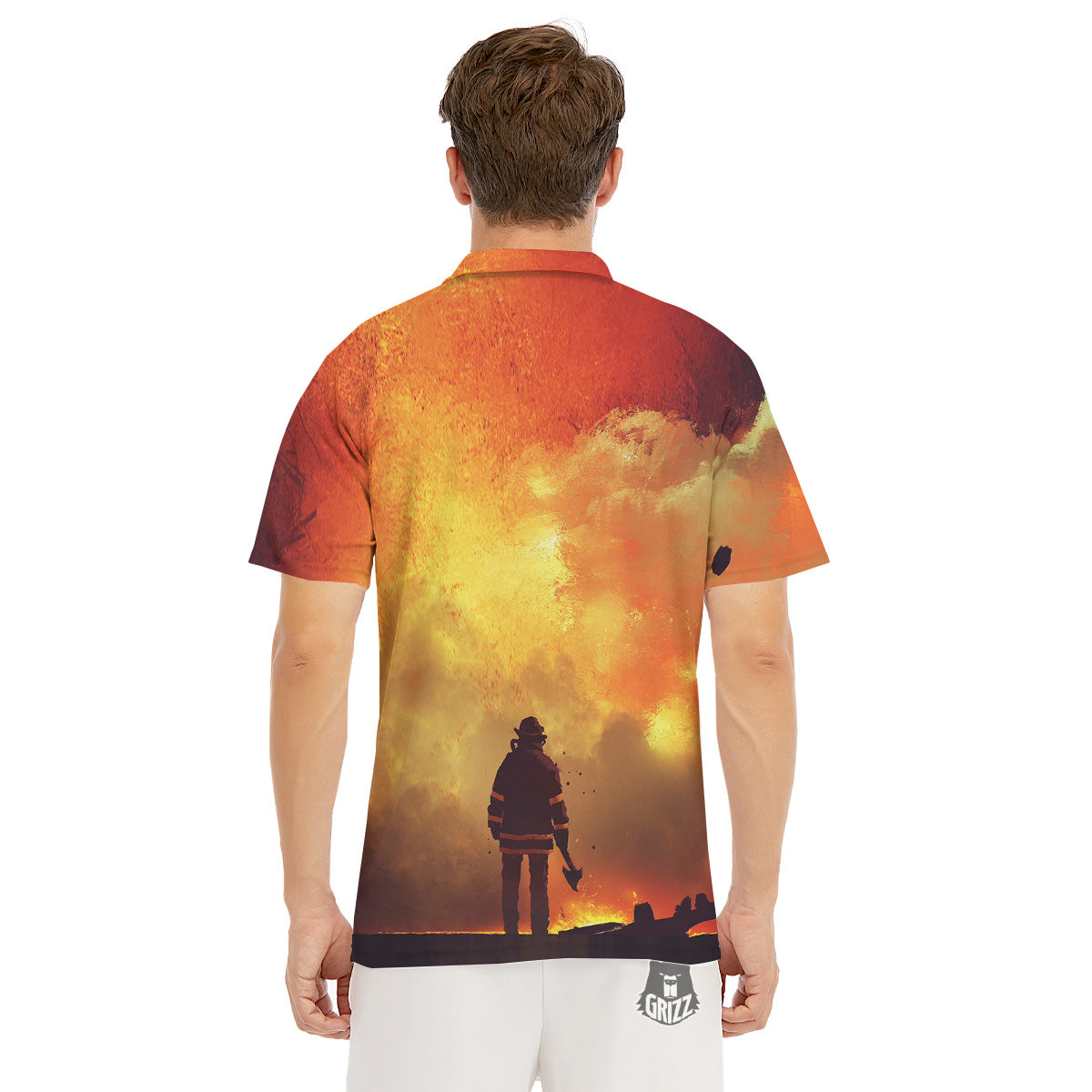 Brave Firefighter In The Fire Print Men's Golf Shirts-grizzshop