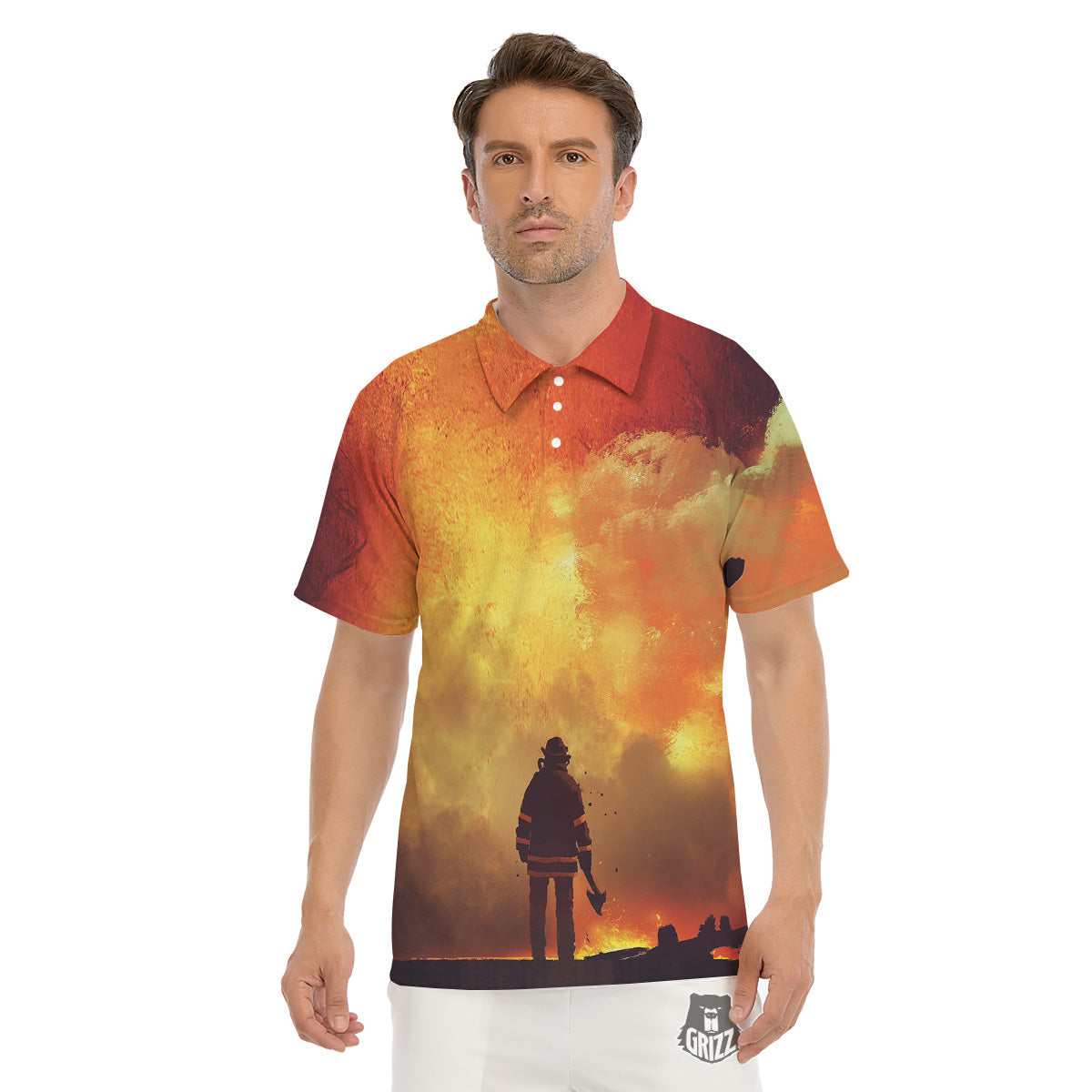 Brave Firefighter In The Fire Print Men's Golf Shirts-grizzshop