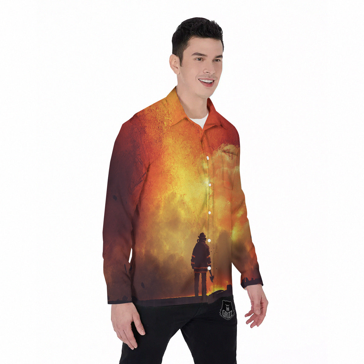 Brave Firefighter In The Fire Print Men's Long Sleeve Shirts-grizzshop