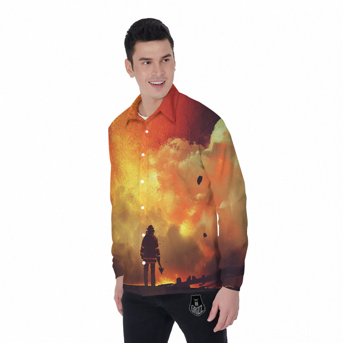 Brave Firefighter In The Fire Print Men's Long Sleeve Shirts-grizzshop