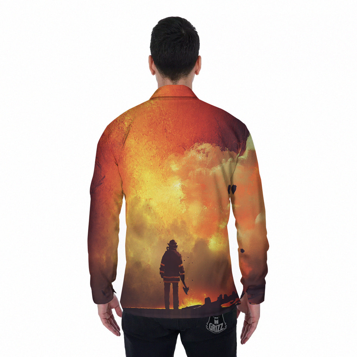 Brave Firefighter In The Fire Print Men's Long Sleeve Shirts-grizzshop