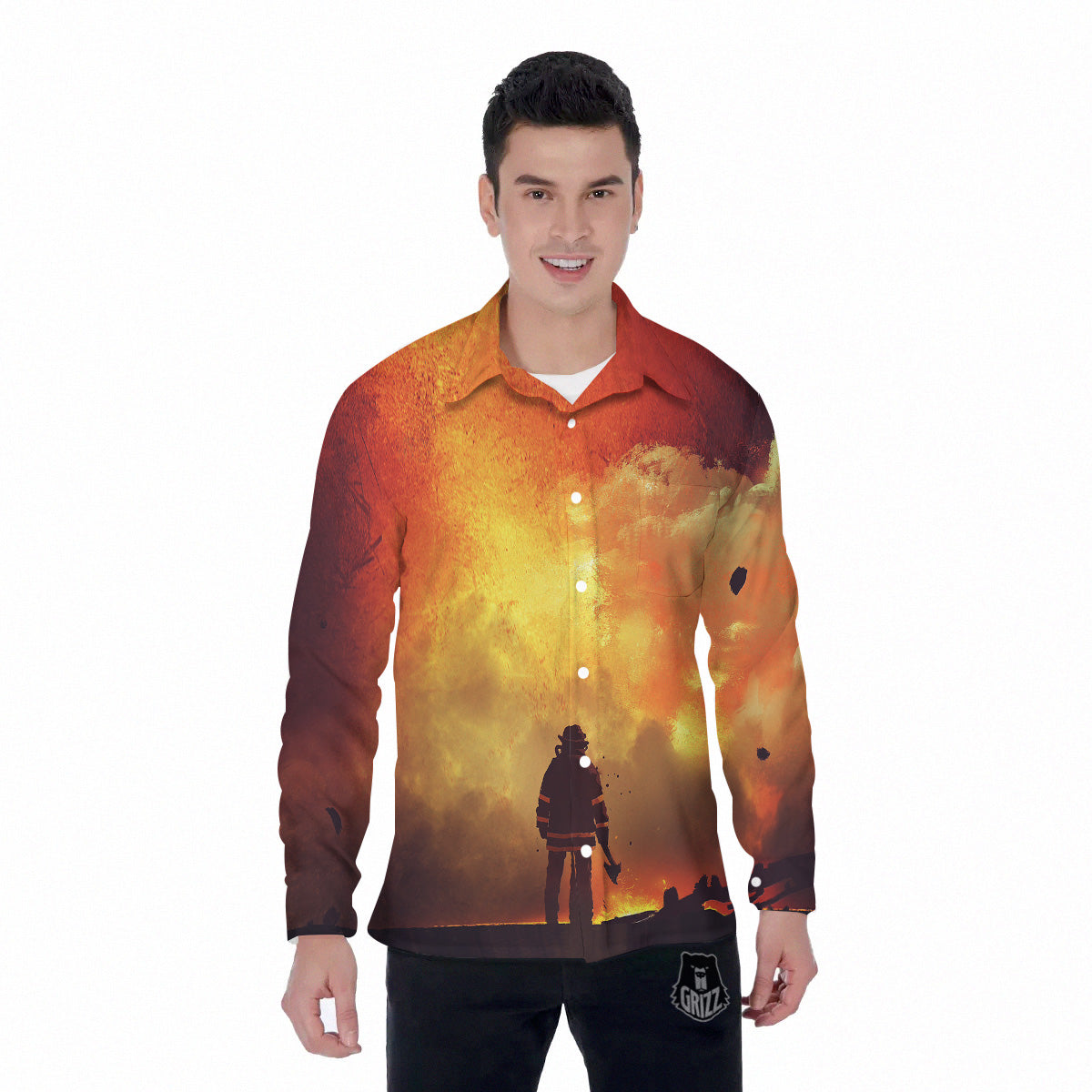 Brave Firefighter In The Fire Print Men's Long Sleeve Shirts-grizzshop