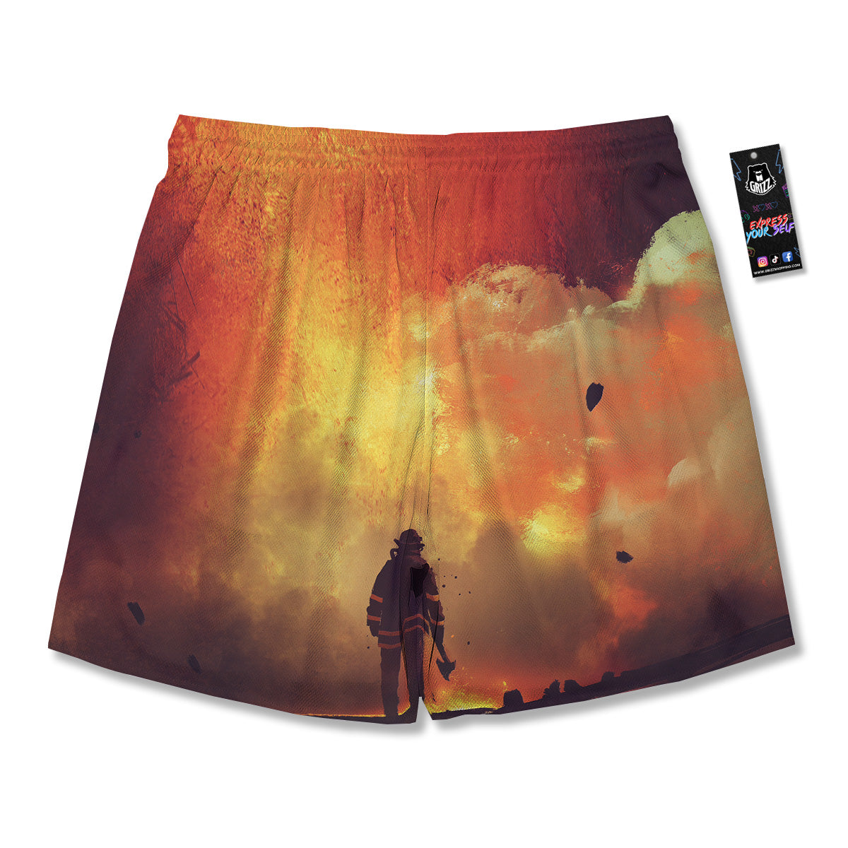 Brave Firefighter In The Fire Print Men's Running Shorts-grizzshop