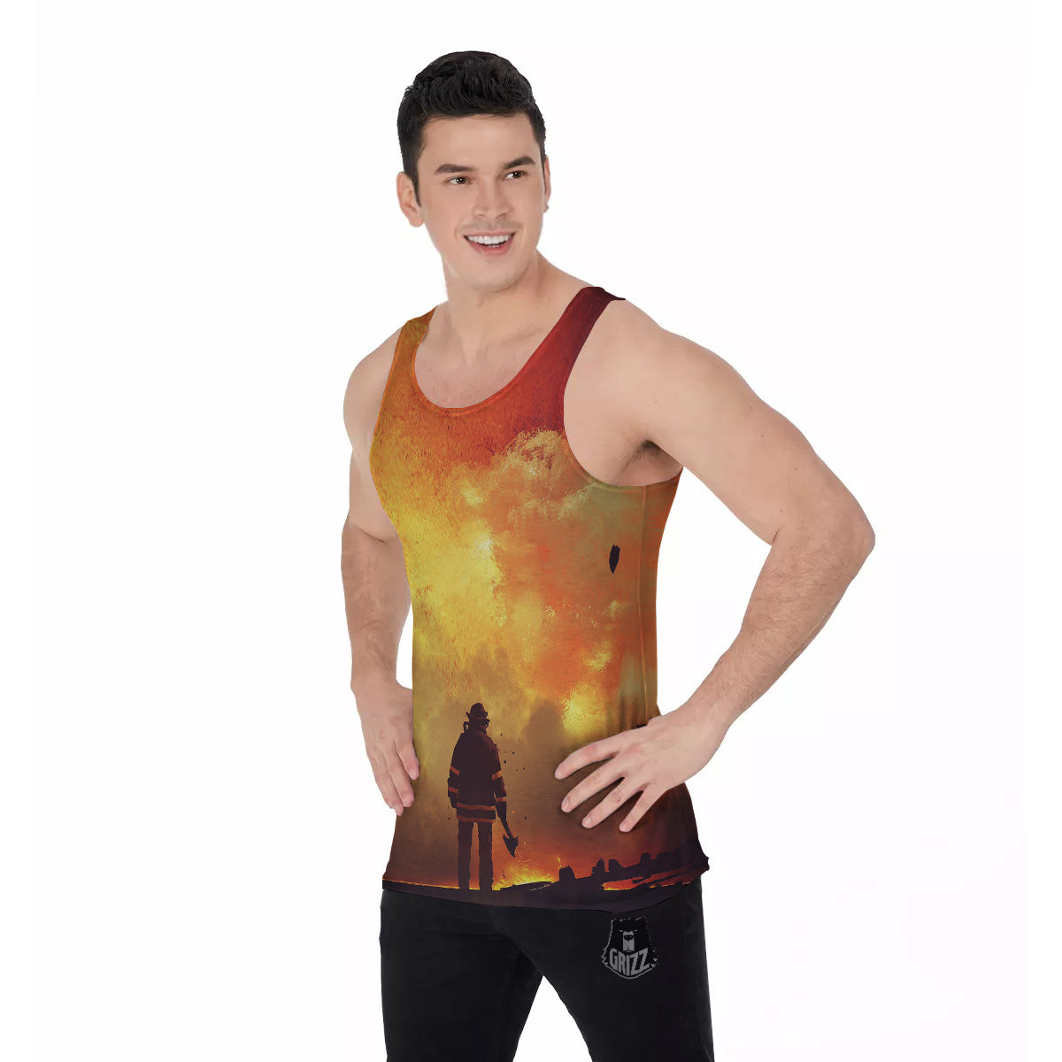Brave Firefighter In The Fire Print Men's Tank Top-grizzshop
