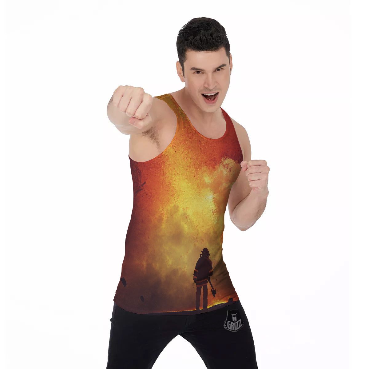 Brave Firefighter In The Fire Print Men's Tank Top-grizzshop