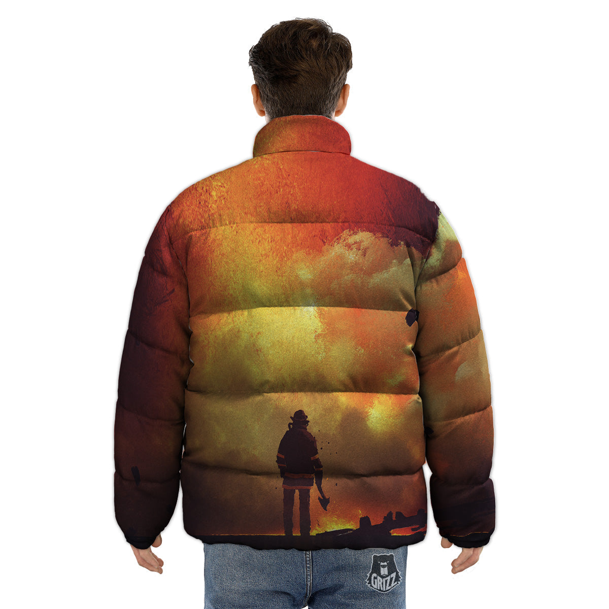Brave Firefighter In The Fire Print Puffer Jacket-grizzshop