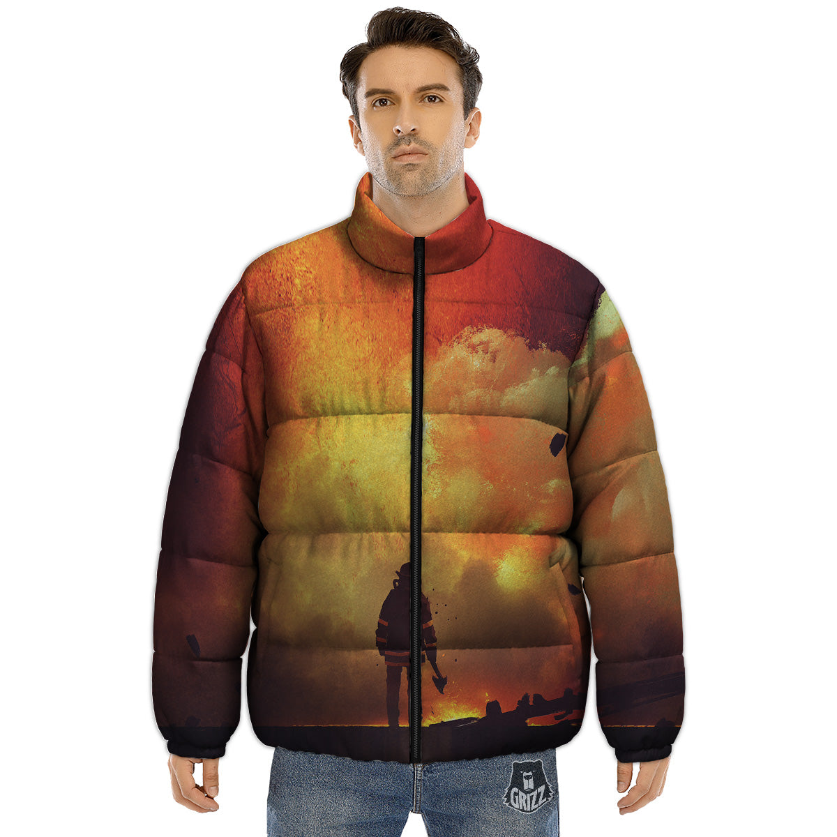 Brave Firefighter In The Fire Print Puffer Jacket-grizzshop