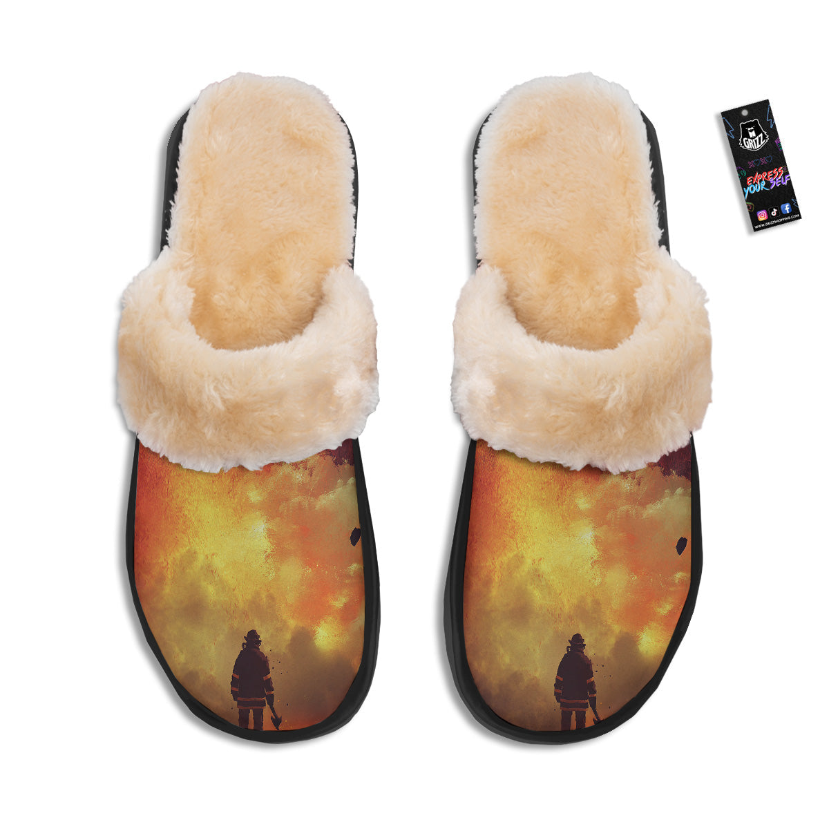Brave Firefighter In The Fire Print Slippers-grizzshop