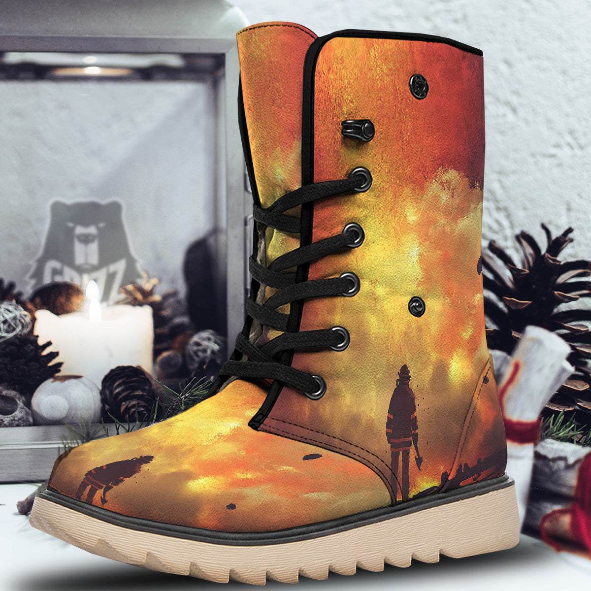 Brave Firefighter In The Fire Print Snow Boots-grizzshop