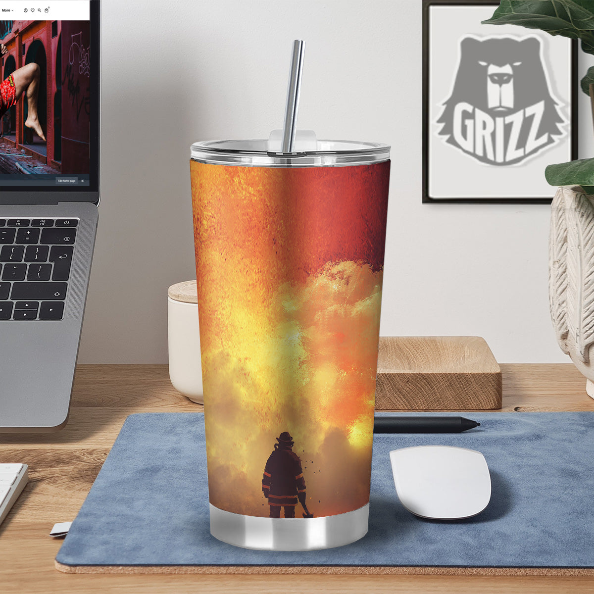 Brave Firefighter In The Fire Print Tumbler-grizzshop