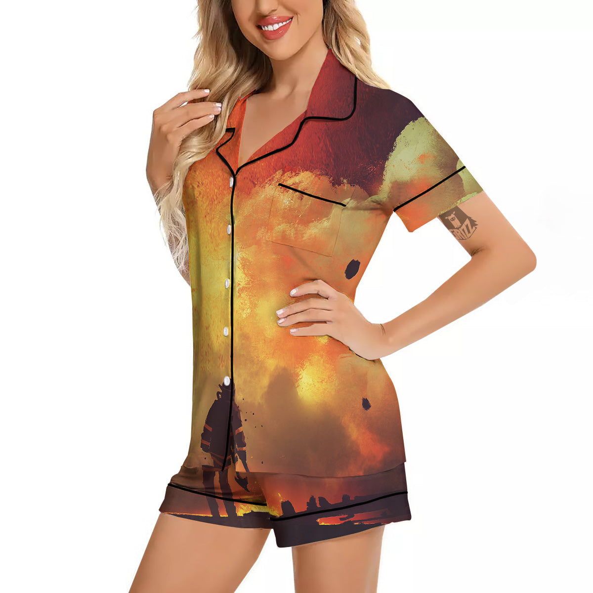 Brave Firefighter In The Fire Print Women Silk Pajamas-grizzshop
