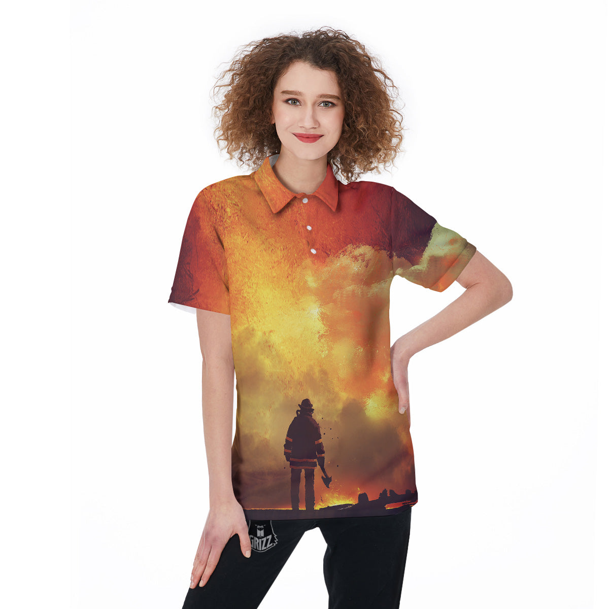 Brave Firefighter In The Fire Print Women's Golf Shirts-grizzshop