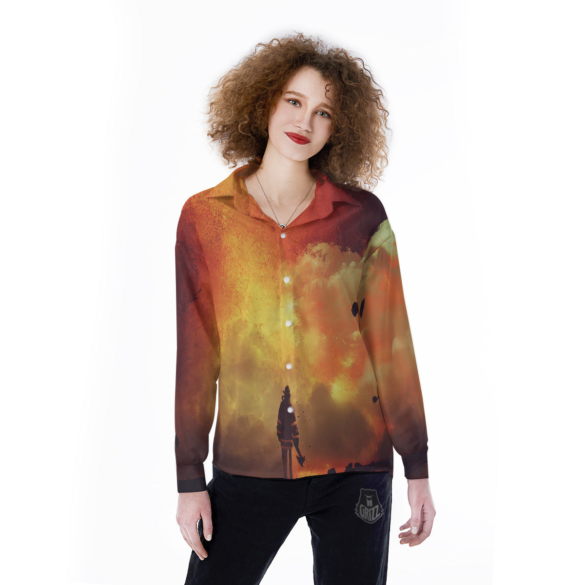 Brave Firefighter In The Fire Print Women's Long Sleeve Shirts-grizzshop