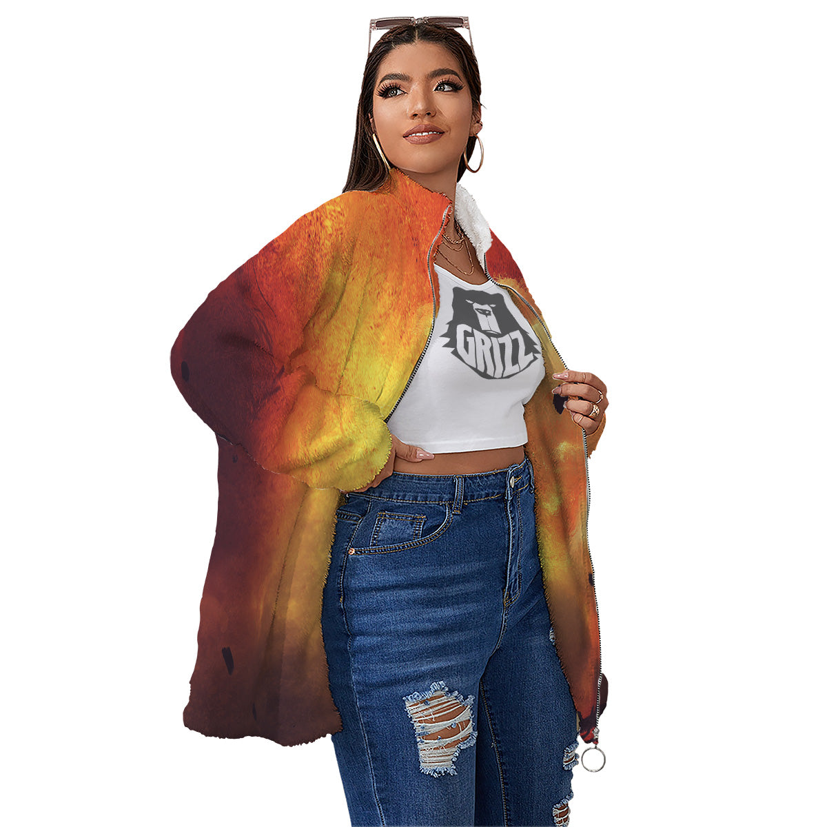 Brave Firefighter In The Fire Print Women's Sherpa Jacket-grizzshop