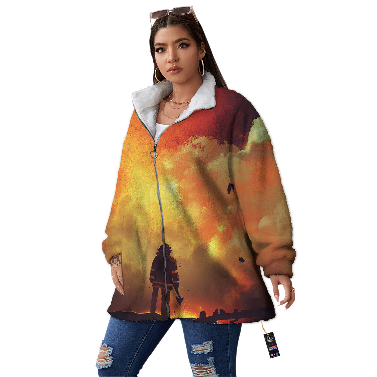Brave Firefighter In The Fire Print Women's Sherpa Jacket-grizzshop