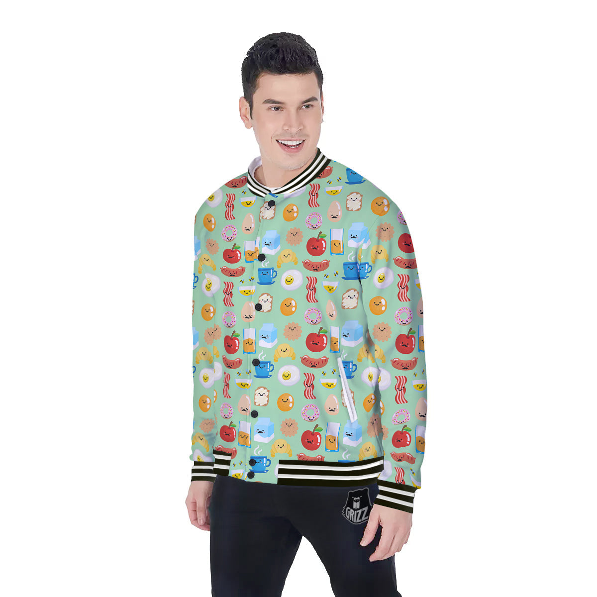 Breakfast Cartoon Print Pattern Baseball Jacket-grizzshop